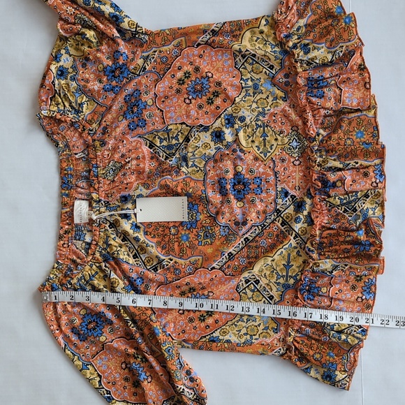 NWT Melloday Floral Ruffle Off the Shoulder Flowy Boho Top Small Blue Orange - Picture 16 of 16